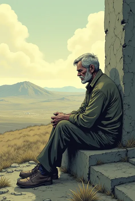 the middle-aged man sits beside the stone, looking at the horizon with a lost gaze, as if there was no more strength to move forward. Your memories begin to appear at the edges of the frame: the face of a loved one, a dream that was abandoned, a personal b...