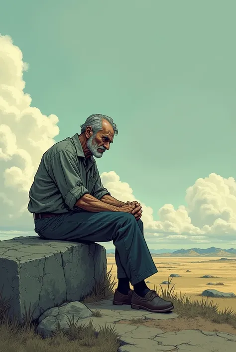 the middle-aged man sits beside the stone, looking at the horizon with a lost gaze, as if there was no more strength to move forward. Your memories begin to appear at the edges of the frame: the face of a loved one, a dream that was abandoned, a personal b...