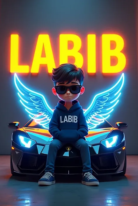 Create a 3D illusion for a profile picture where a 2 cartoon boy in a dark blue hoodie sitting casually on a free fire Lamborghini. Wearing sneaker and sunglasses, He looks ahead. The background features “LABIB” in big and capital yellow neon light fonts o...