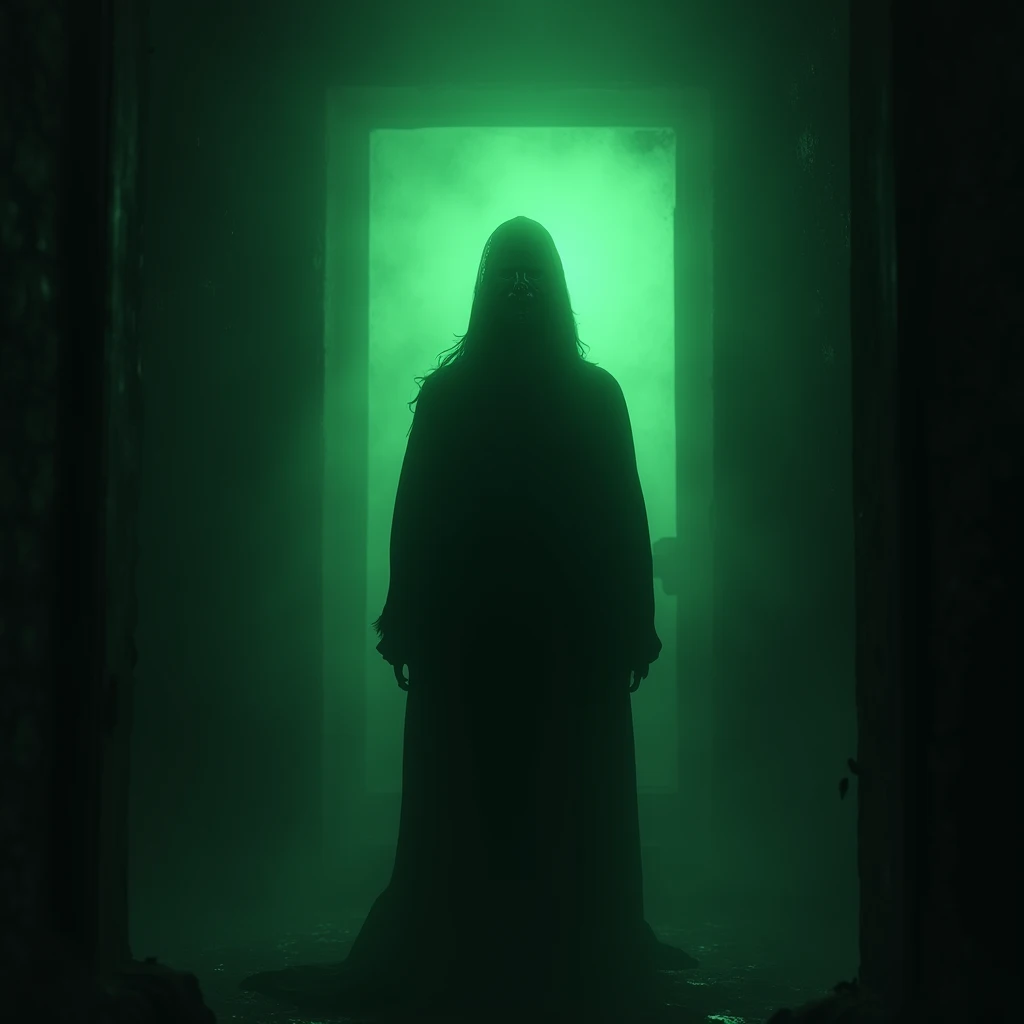 A shadowy figure stood in the center of the room, surrounded by a strange green light. The figures face is not visible, only hidden in its shadow and darkness.

