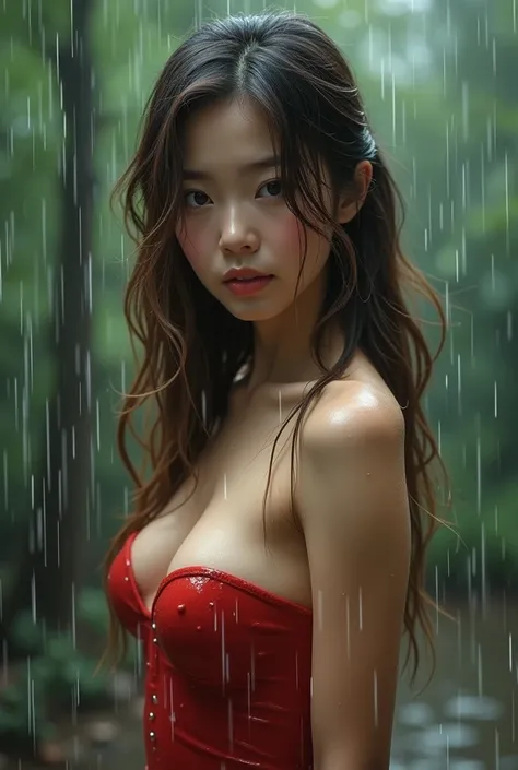 Beautiful woman getting wet in the rain、Asian、Japanese、Beautiful、whole body、Long Hair、Brown Hair、Gal、Soaked clothes and body、Blonde、A sharp face、High nose、Big Eyes、Smiling mouth