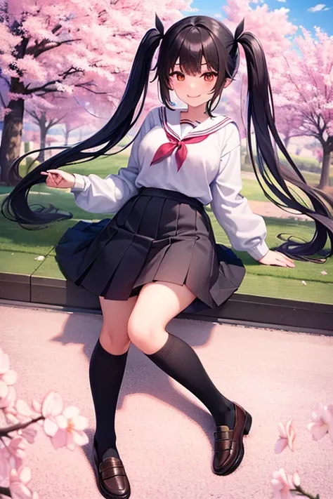 a girl, full body, black hair, twin tail, japanese school uniform, knee-high socks, loafers, from below, knee up, smile, cherry blossom trees