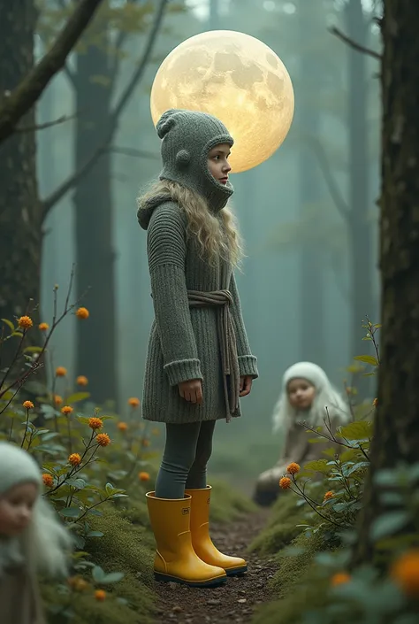 Viking women with moon for head wearing balaclava and yellow plastic galoshes in forest of sweet women 
