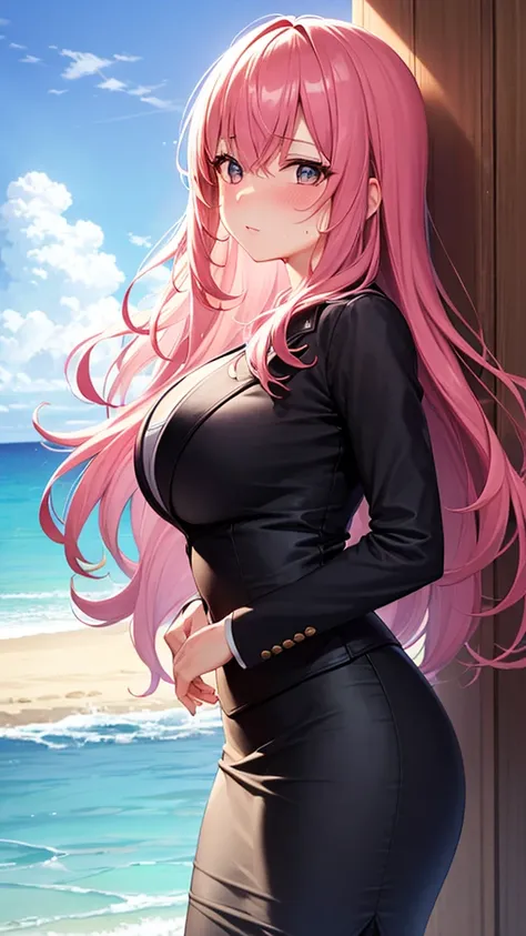 masterpiece, best quality, high detail, beautiful woman, solo focus, long wavy hair, pink hair, large bust, (black blazer), (black midi pencil skirt), long skirt, wide hips, looking at viewer, full-face blush, wide-eyed, beach, summer, cloudy sky, sun, swe...