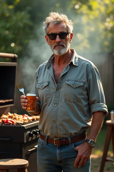 Creates realistic image of a 40-year-old man holding a fork in one hand and a beer can in the other hand. He is in front of a barbecue. And wears sunglasses.