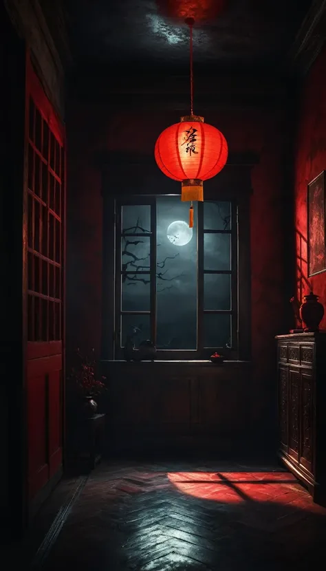 A dimly lit, spooky room. Moonlight streaming through a window, casting eerie shadows on the wall. A red Chinese lantern hangs from the ceiling, flickering. Dark and mysterious atmosphere. Digital art, cinematic lighting, concept art.