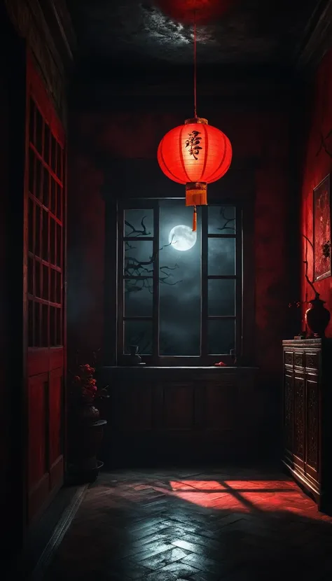 A dimly lit, spooky room. Moonlight streaming through a window, casting eerie shadows on the wall. A red Chinese lantern hangs from the ceiling, flickering. Dark and mysterious atmosphere. Digital art, cinematic lighting, concept art.