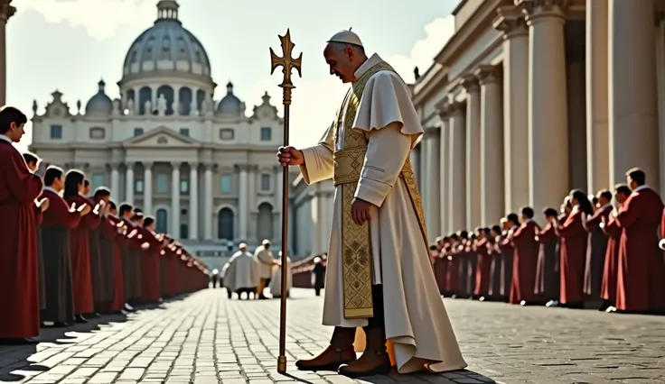 Scene set in St. Peters Square in the Vatican. The focal point of this image is the brown no laces boots the Pope is wearing. White robes and highly ornate attire with papal insignia and a mantleand he holds a long papal staff. The background is St. Peters...