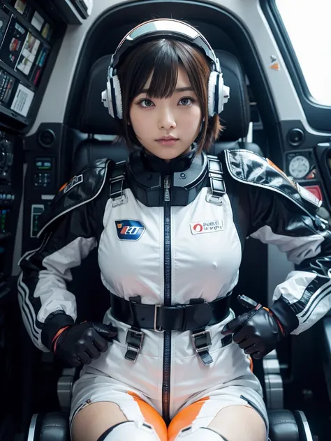 masterpiece, Highest quality, Very detailed, Japanese Android girl, Beautiful 2 Japanese woman, Plump,Slightly thicker,Control panel,Android,cyborg,Blunt bangs,Sitting in the cockpit and piloting,Orange spacesuit,Thick harness belt,Full-face helmet