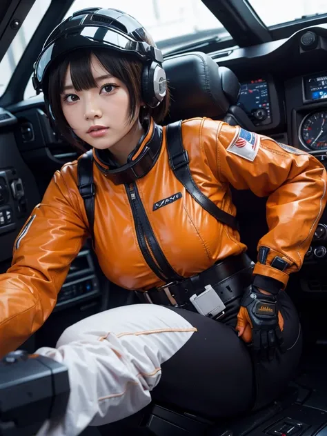 masterpiece, Highest quality, Very detailed, Japanese Android girl, Beautiful 2 Japanese woman, Plump,Slightly thicker,Control panel,Android,cyborg,Blunt bangs,Sitting in the cockpit and piloting,Orange spacesuit,Thick harness belt,Full-face helmet