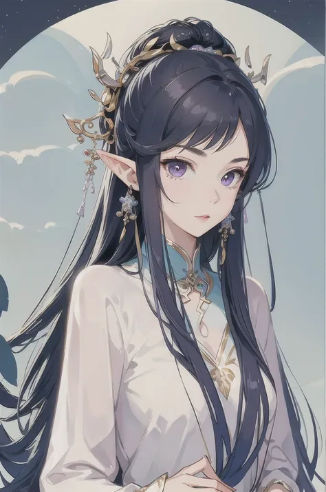 masterpiece, best quality, 1girl, ultra detailed, ultra high resolution, cute girl, detailed, long pointy ears, elf, nice face,black hair, puple eyes,