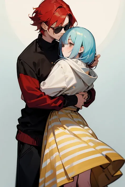 Red haired girl wearing a yellow striped dress hugging white haired girl wearing a black sweatshirt while light blue haired girl wearing sunglasses and a brown skirt 