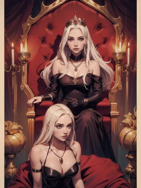 Danaerys Targaryen, red, on the throne, black dress, dragon throne room, powerful, queenly gown, jenna coleman, [purple eyes], tricia helfer, barbara palvin, lindsay ellingson, (black iron necklace), (iron bangle, iron crown)
