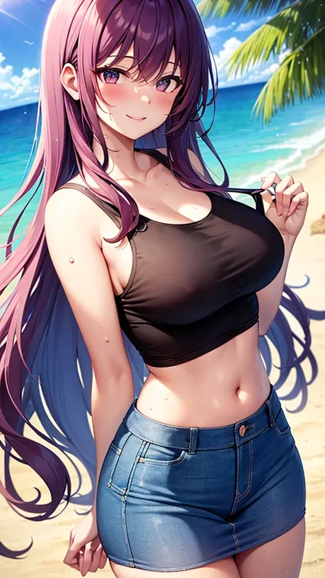 masterpiece, best quality, high detail, beautiful woman, solo focus, long wavy hair, purple hair, large bust, (pink tank top), (black maxi pencil skirt), denim skirt, long skirt, midriff, navel, wide hips, looking at viewer, lower body, full-face blush, sm...