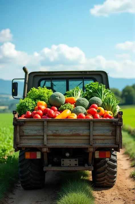 A picture of truck from backside filled with fresh vegetables 