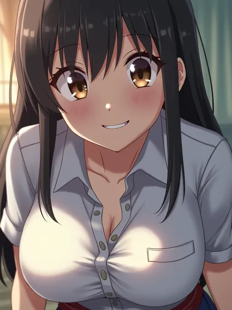 (超High resolution,4K,Very detailed, photograph, 8k, High resolution, High resolution, Absurd:1.2),Japanese ,Long black hair,Blunt bangs,Beautiful character design,Beautifully detailed eye depiction,Perfect Face,Expressive eyes,Brown eyes,Smiling with teeth...