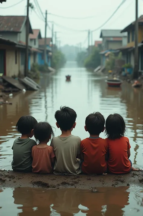 5 children sit down flood in their town