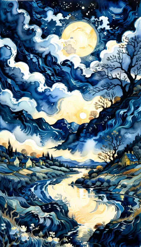 a fantasy landscape in a very dark blue color, van Gogh style, Watercolor, trending on art station, sharp focus, studio photo, intricate details, highly detailed, by Greg Rutkowski