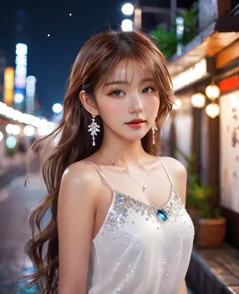 8K，an extremely delicate and beautiful,full body standing,Beautiful and realistic skin,Shiny jewel-like earrings,Bedhead,like glitter white and brown hair,beautiful eyes,white camisole,short shots,asian cute girl,full body,Shining brightly night city