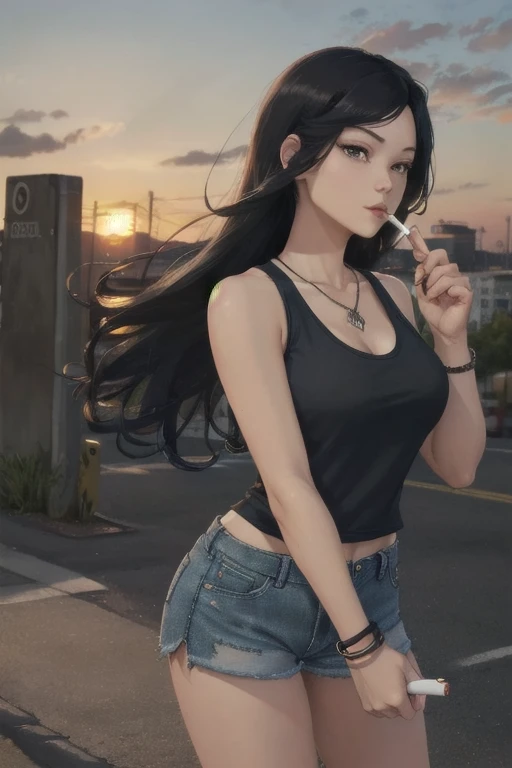 highest quality,high resolution,２d,(cel animation style),one woman,30 year old asian female,(straight long black hair),((black t...