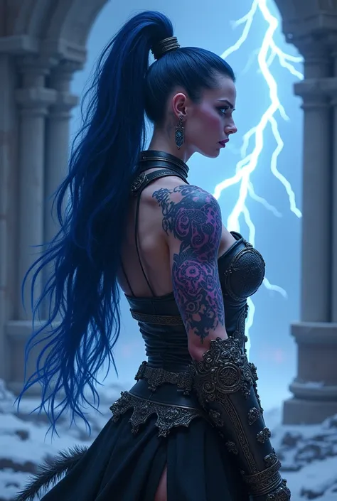 Aletta Ocean, angry evil beautiful and muscular, Nordic female, towering storm Giantess with blue black hair in a ponytail, older and mature woman, throwing a lightning ball, celtic glowing tattoos, wearing nordic steel runic plate mail Armour , temple cav...