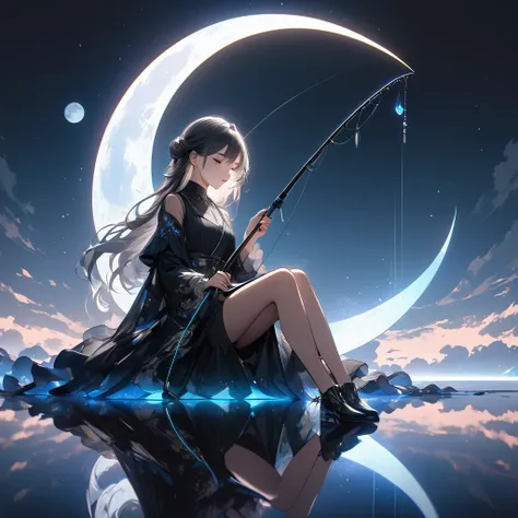 a charming girl sitting on a crescent moon, 1 person, holding a fishing rod with an extremely fine line extending straight down, at the end of which is an aesthetic earth, transparent and aesthetically illuminated from within, ultra-detailed, masterpiece, ...