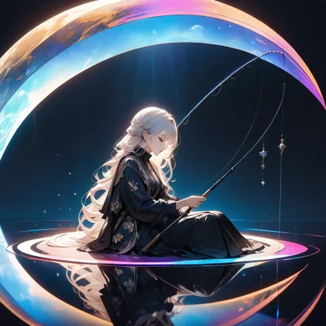 a charming girl sitting on a crescent moon, 1 person, holding a fishing rod with an extremely fine line extending straight down, at the end of which is an aesthetic earth, transparent and aesthetically illuminated from within, ultra-detailed, masterpiece, ...