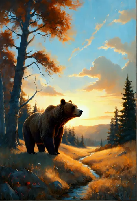 "Create an award-winning, masterpiece painting of a tranquil wild landscape at golden hour, with a majestic brown bear as the central focus. The soft glow of sunrise or sunset casts a gentle warmth over the scene, with long, contrasting shadows against the...