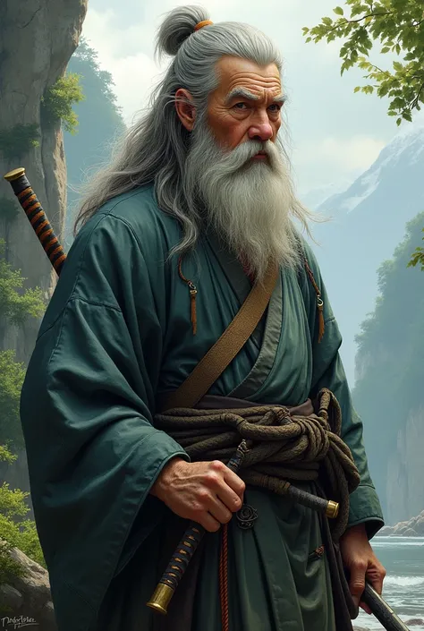 Japanese,Wanderer、samurai、kimono、Gray Hair, elderly,male,Long Hair, とてもLong Hair, 