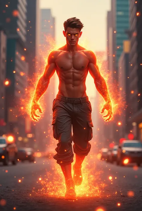 A 20 years old boy with cosmic and red fire powers glow red eyes and cargo pant flying  shirt less in modern city 