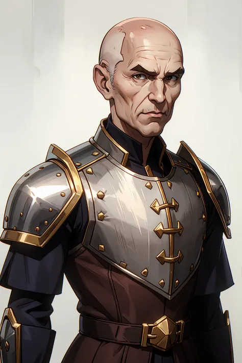 bald gaunt old man with hollow cheeks in a si-fi version of a silver French Cuirassiers Breast-Plate chest Armor with brown robe below, portrait, plain white background