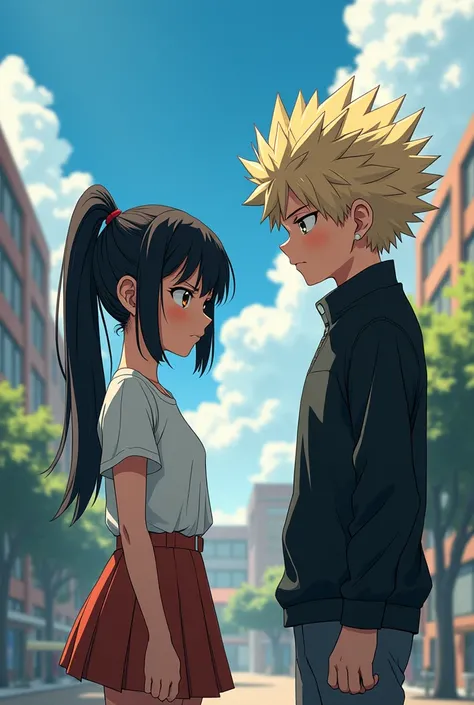 anime girl with black hair tied in a ponytail and dissatisfied Bakugo Katsuki in anime boku no hero academia