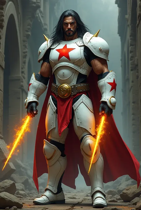 Male age 35, long black hair, receding hairline, scar on the face, latin, Long yellow Bio-punches out from the wrists, white Plate armor, armor breastplate with a pair four-pointed red stars, a gold belt buckle with a letter R, red leotard, plate belt, pla...