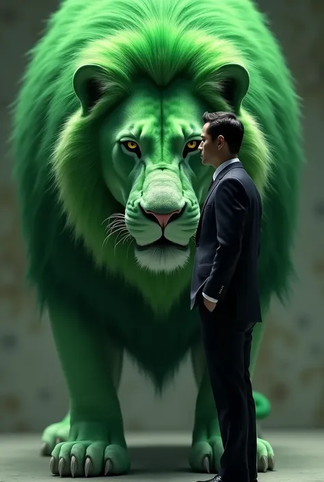 He was wearing a formal suit and in front of him was a green lion.