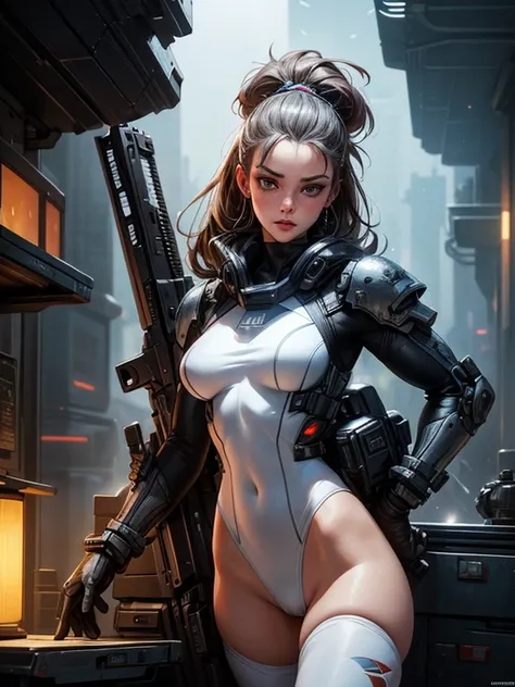 Lana Rhoades, 25 yo, Perfect Face, Perfect body, bodybuilder, udders, White Swinsuit armored cyberpunk, Pretty Features, Spaceship Interior, Wadim Kashin, James Gurney, INK, Splash Art", Royo, Sharp Focus, Emitting Diodes, Smoke, Artillery, Sparks, Racks, ...