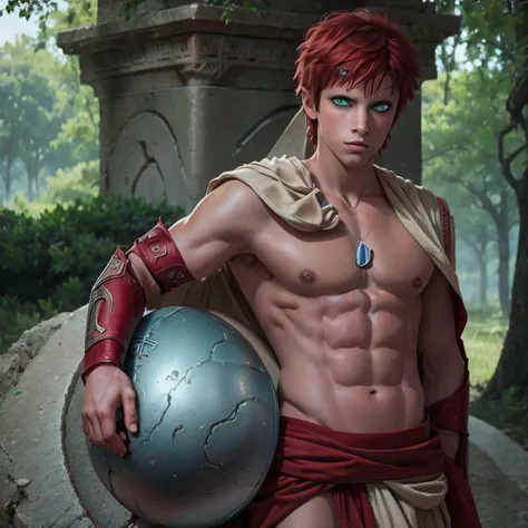 Shirtless, 1boy, youner , armor, warrior, Ancient Greece handsome, Greek model, blonde boy, Sabaku no Gaara, green eyes, red hair, symmetrical, focus on the boy, medium shot, looking at the camera, film grain, young god greek, beauty, pose, super model, yo...