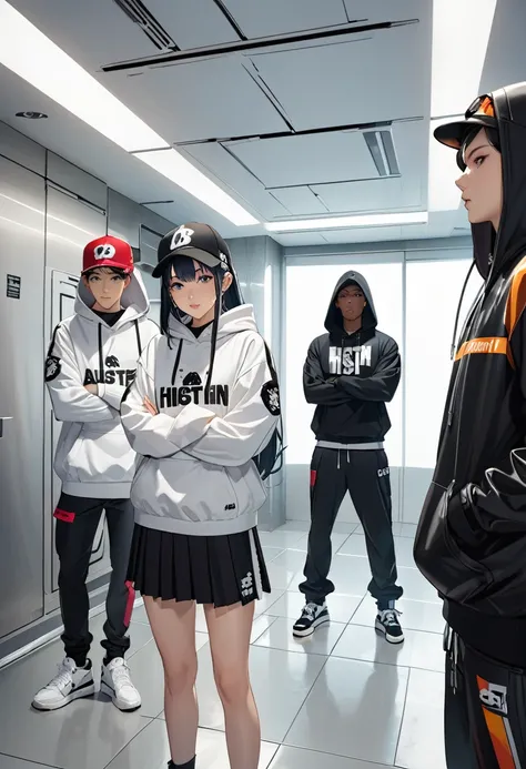 (masterpiece, best quality,high resolution),Four Japanese rappers in a futuristic room with a white background. Theyre wearing A-Bathing-Ape hoodies. A standing posture with arms folded.They surround the abducted Holstein.