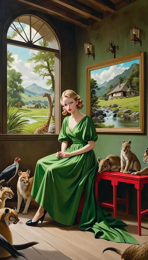 artist by John Currin,inside the village,wild animals,light tones,(smooth strokes),fine sketches,Vivid,Moody,Landscapes,Fantasy,Dark,landscape oil painting, red and green colors
