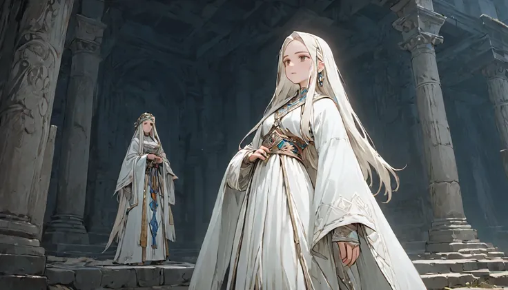 An ancient priestess woman wearing white cloths,full body, Game Art Style, (masterpiece), highest quality, High resolution, 4k, 8K, Detail view, intricate details, cinematic lighting, amazing quality, 1 girl, Long white hair, grey eyes, great shading, soft...