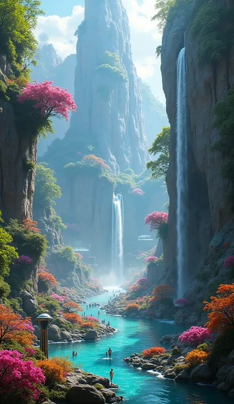 Create an image of the OIASIS from the book ready player one, from a good color perspective, to the game itself, How could they be waterfalls?.