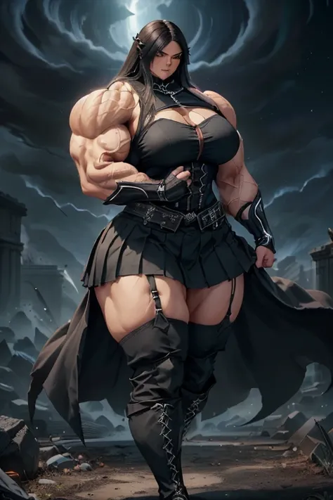 (((Massive tall, beautiful, buff, light brown skinned muscular woman with black hair, black lipstick, ginormous bulky muscles, winds blowing and wearing a black pleated shirt with beautiful long pleated skirt))), ((close view)), massive muscles, long strai...