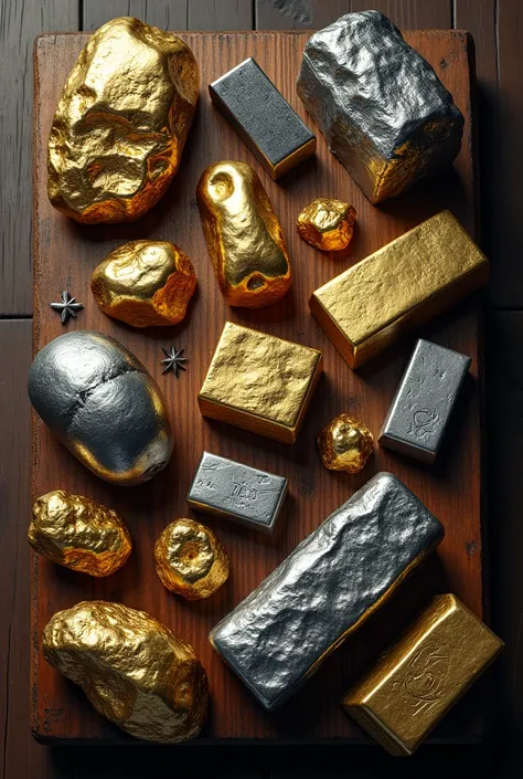 A picture showing gold silver and iron kept on a table with its top view shown