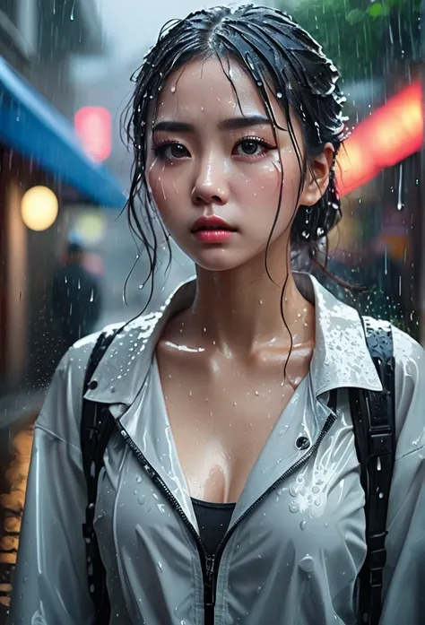 (Masterpiece at maximum 16K resolution: 1.6), (intricate details: 1.4), (extremely insane details: 1.4), (highest quality: 1.3), (hyper_realistic: 1.3 ). Japanese cute Woman looking at the sky, deep emotions, tears running down her face, soft raindrops, fr...