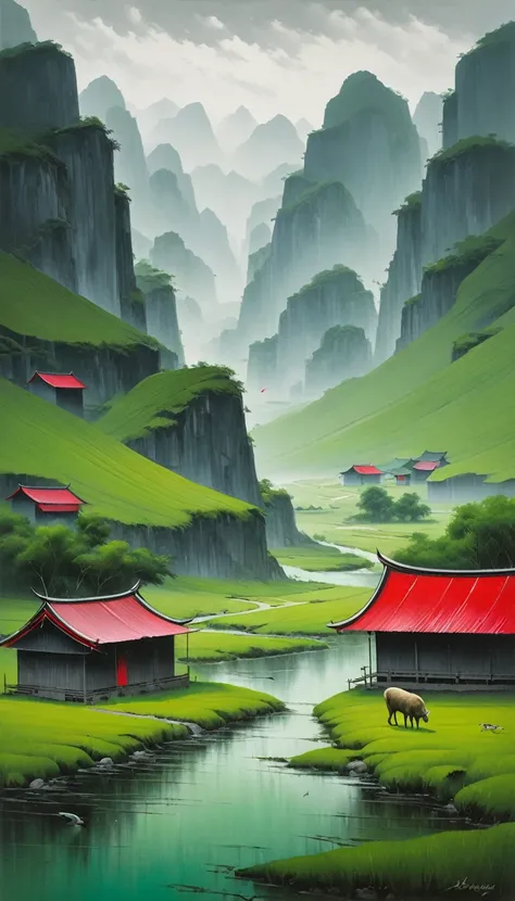 artist by Zhang Xiaogang,inside the village,wild animals,light tones,(smooth strokes),fine sketches,Vivid,Moody,Landscapes,Fantasy,Dark,landscape oil painting, red and green colors
