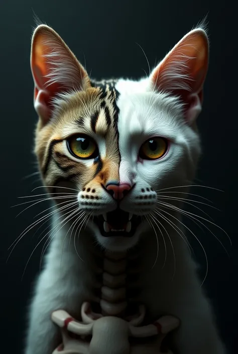 Create an image of a cat&#39;s face with half of the face healthy and the other half with visible bones.