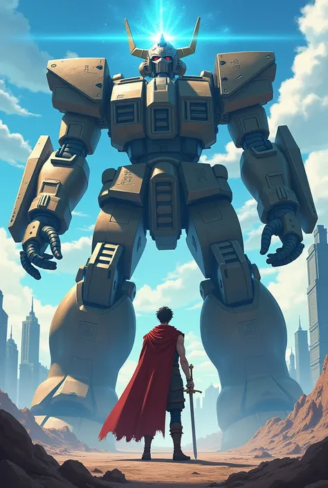 A man with a excalibur fighting against a giant robotic opponent anime style.