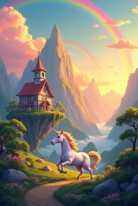 Illutraction a mountain brigth cloud’ colorfull sky’ colorfull flooting green house’s a cheery trees  and sunsire’ with ranbow’ running unicorn with queen 