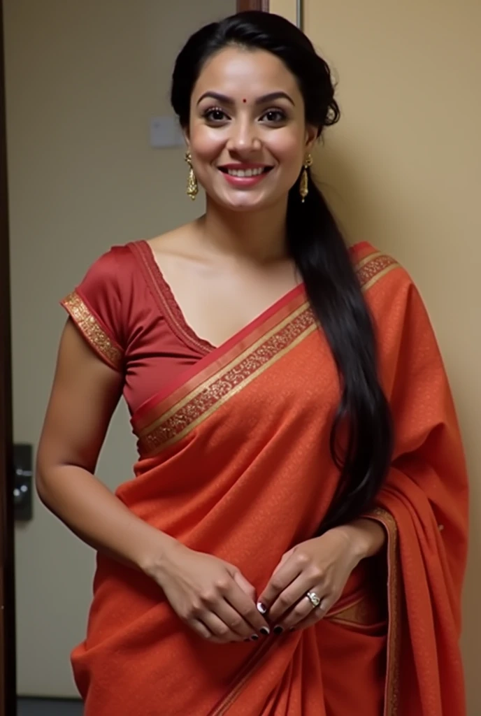 Generate Dani Daniels in saree remove her saree and make her chest big

