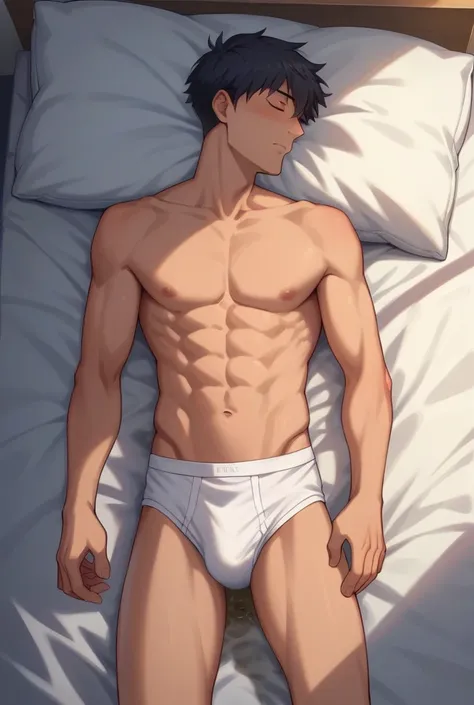 In the morning, a young slender and mascular man in his tighty whities is sleeping on his bed. He is peeing his bed. There is a pee wet spot on his briefs. Hia pee is leaking out from his tighty whities. He is still sleeping peacefully. Morning. Anime.