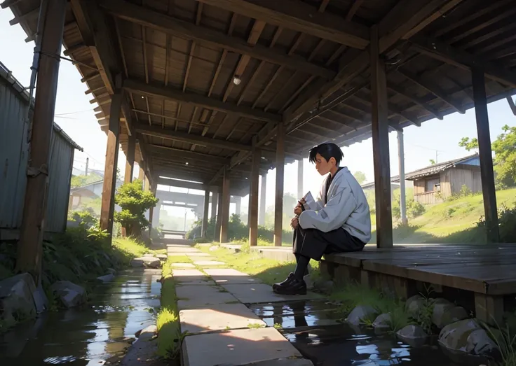 Toji Fushiguro, sitting down, PENSATIVE, Background landscape